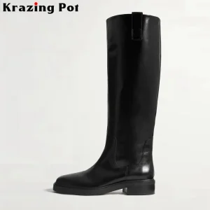 Krazing Pot Pelle di mucca Taglia grande 44 45 Punta tonda Tacchi medi Classici Stivali lunghi equestri Slip On Stivali invernali al ginocchio di marca 1