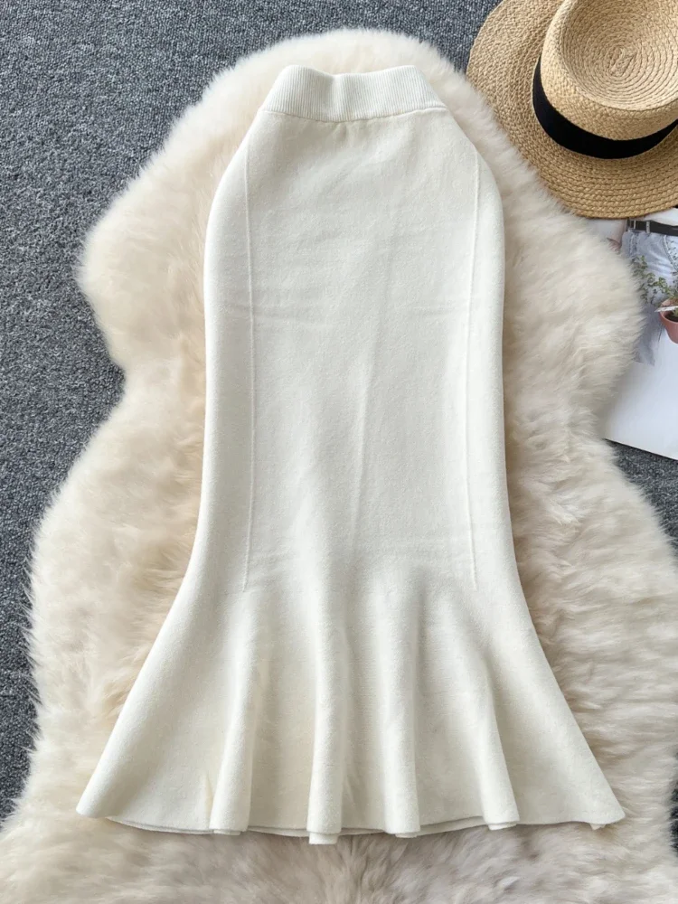 Gonna lavorata a maglia vintage a vita alta Gonna longuette da ufficio a coda di pesce con spacco arricciato Gonna di lana autunno inverno 2