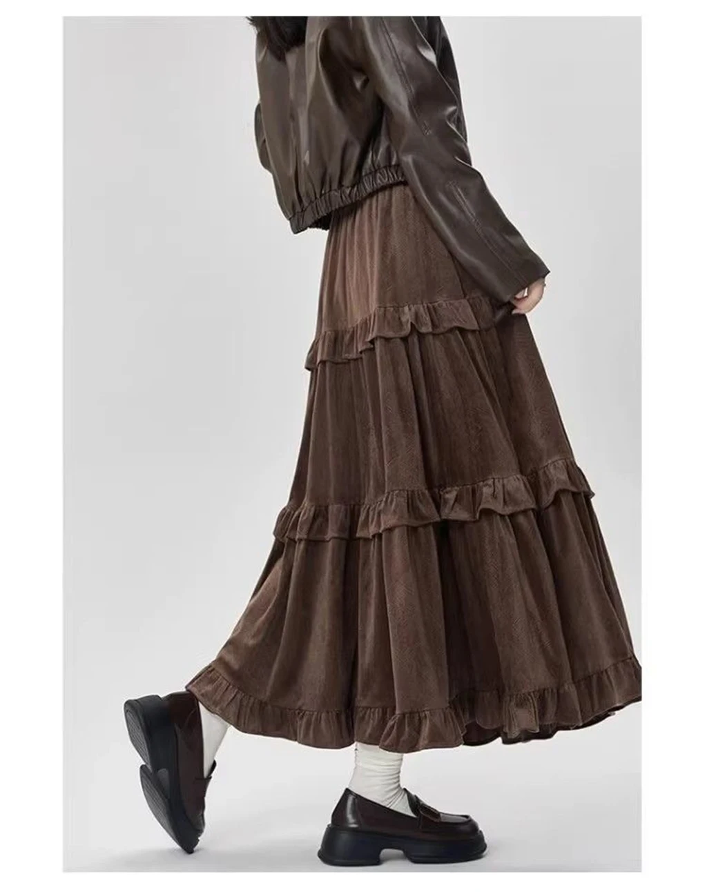 Gonne di media lunghezza autunnali e invernali, gonne di velluto da donna, mezze gonne arricciate con patchwork elastico retrò coreano autunno e inverno 5