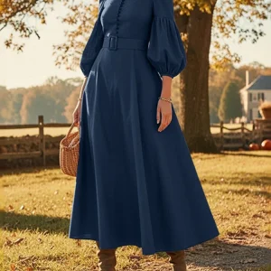 ZANZEA Vintage Donna A-Line Abiti longuette Elegante Chic Colletto alla coreana 3/4 Manica a lanterna Abito da donna con cintura Autunno 2025 Nuova moda 1