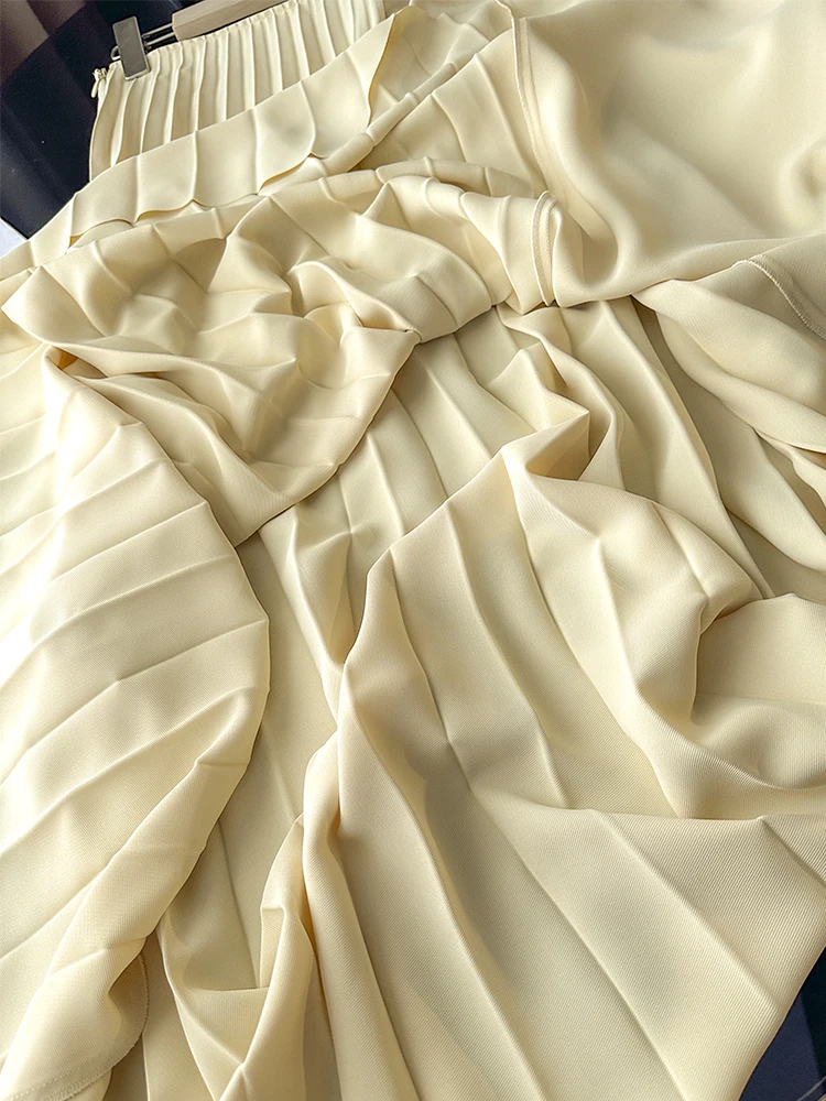 2025 Gonna a pieghe asimmetrica elegante da donna a vita alta Gonna medio-lunga da donna Gonna longuette da donna femminile Giallo Saia 4