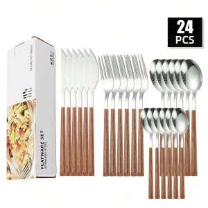 Set di posate in acciaio inossidabile da 4/16/24 pezzi con manici in plastica che imitano il design di venature del legno, adatto per cucine domestiche, feste 1