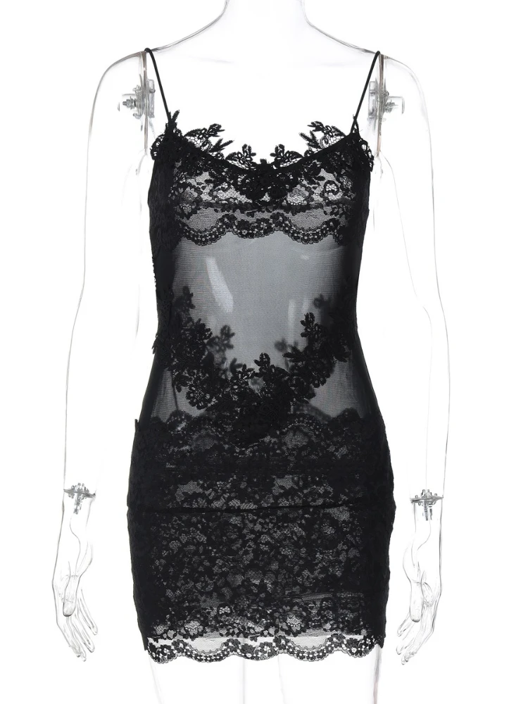 Abbigliamento donna Abito da club party patchwork in pizzo a rete con cinturino per spaghetti Abiti da sera corti senza maniche trasparenti sexy femminili 5