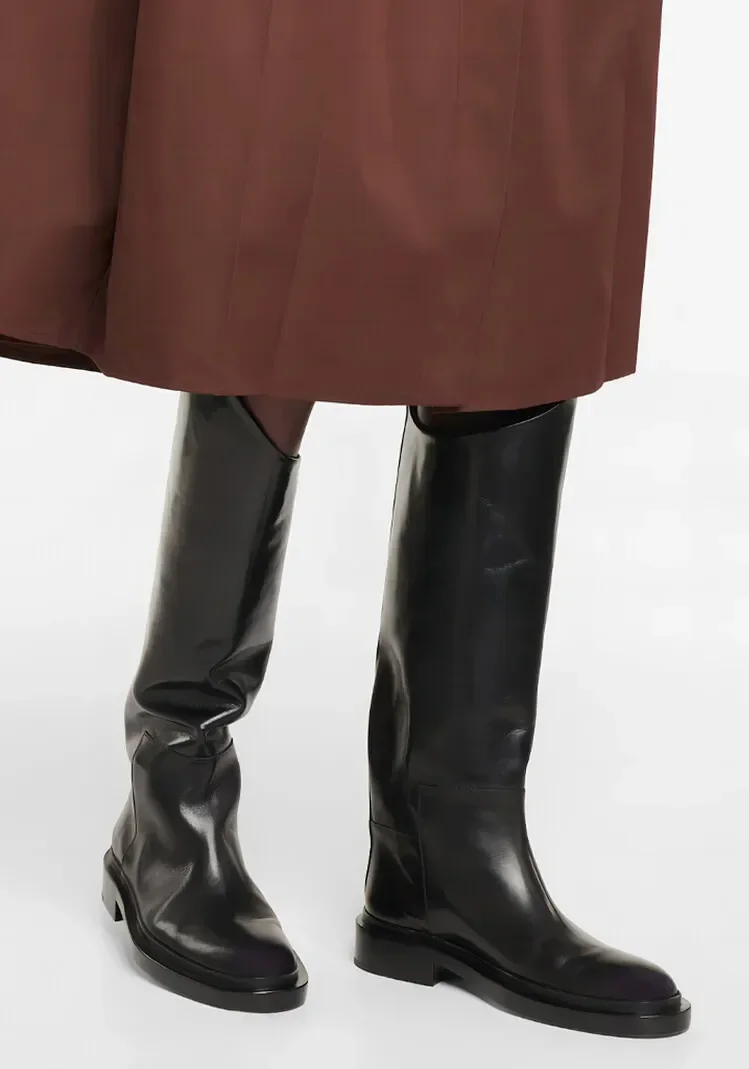 Stivali in pelle piatti al ginocchio con punta tonda alla moda autunno e inverno europei e americani, stivali da cavaliere da donna taglia 34-46 6