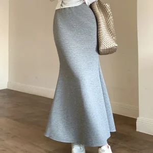 Solido pacchetto temperamento vintage gonne all'anca elastico a vita alta semplice primavera autunno 2025 gonna a coda di pesce gonna lunga sottile casual 1