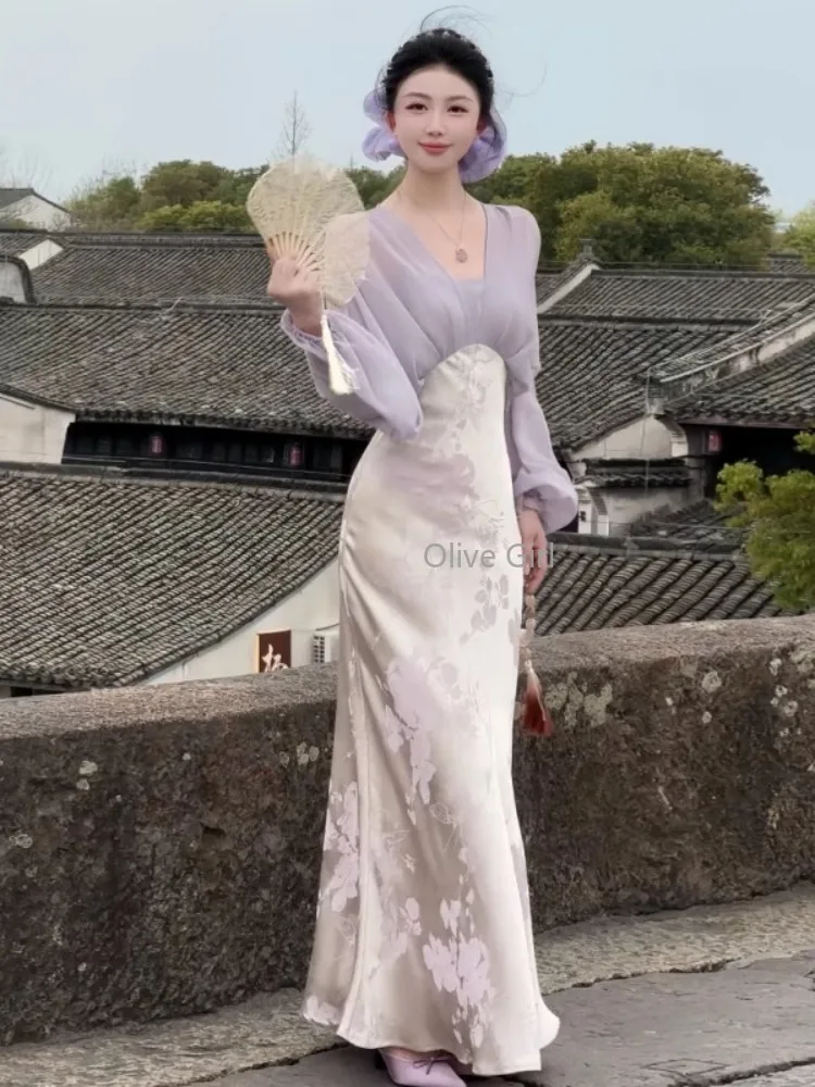 Abito estivo da ragazza oliva Abito in stile cinese in raso jacquard per donna Primavera 2025 Abito lungo elegante con due stampe finte della dea 2