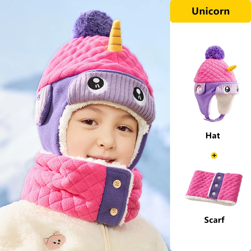 Dinosauro del fumetto Unicorno Bambini Cappello caldo Sciarpa Set Bambini Autunno Inverno Cappello Berretto morbido Cappello di protezione per le orecchie Per le ragazze dei ragazzi 2