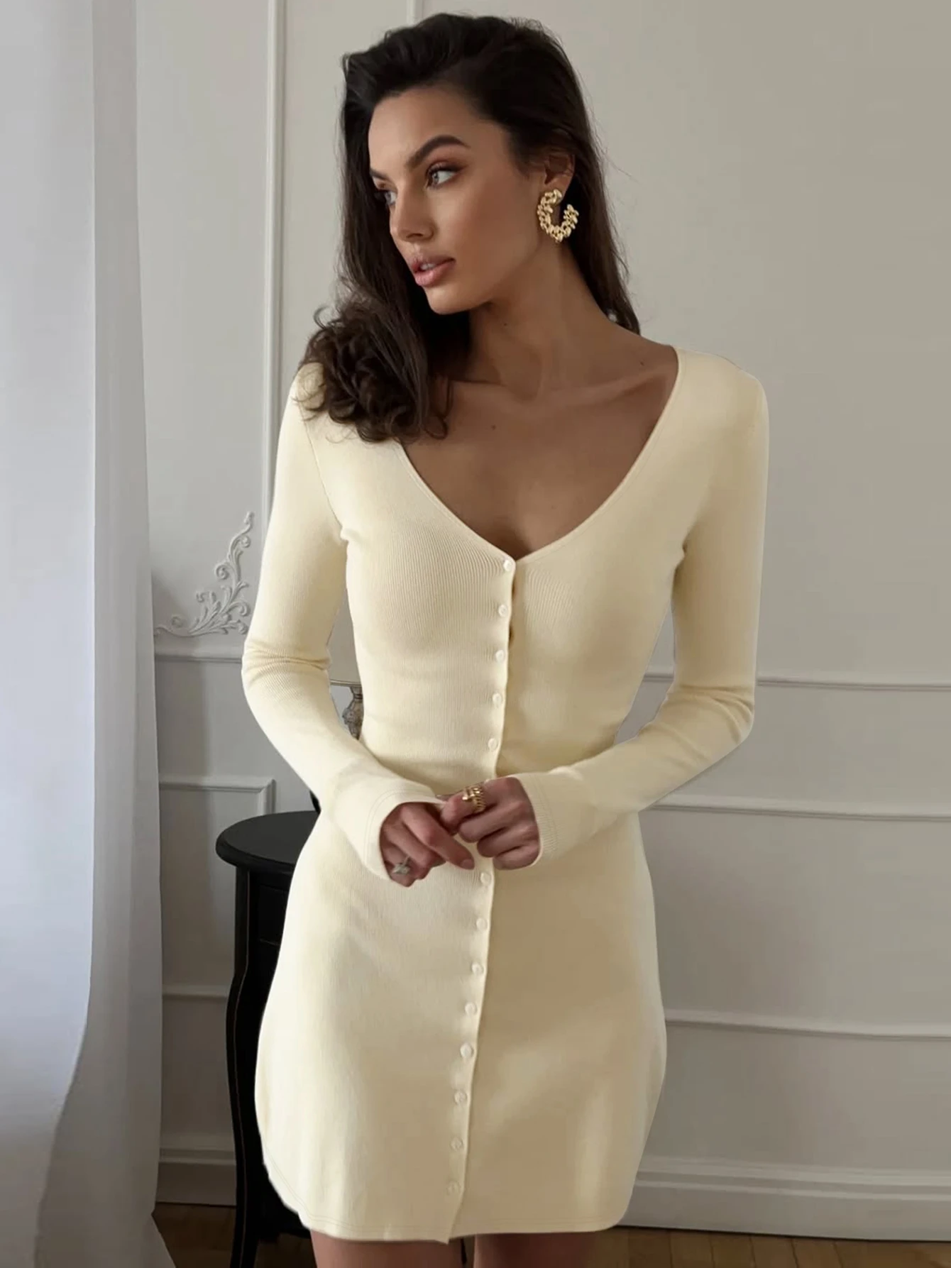 Dulzura 2025 Autunno Moda Sexy Con Scollo A V Manica Lunga Monopetto Sottile Mini Abito Solido Casual Vestito Delle Donne Del Partito Club Vestiti 3