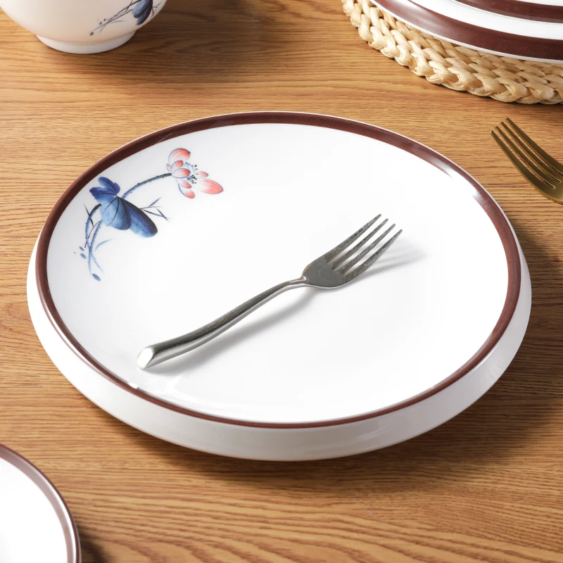 Piatto rotondo in melamina Piatto da pranzo in plastica con motivo floreale Piatto da insalata per bistecche commerciali Accessori da cucina per dischi da frutta per la casa 6