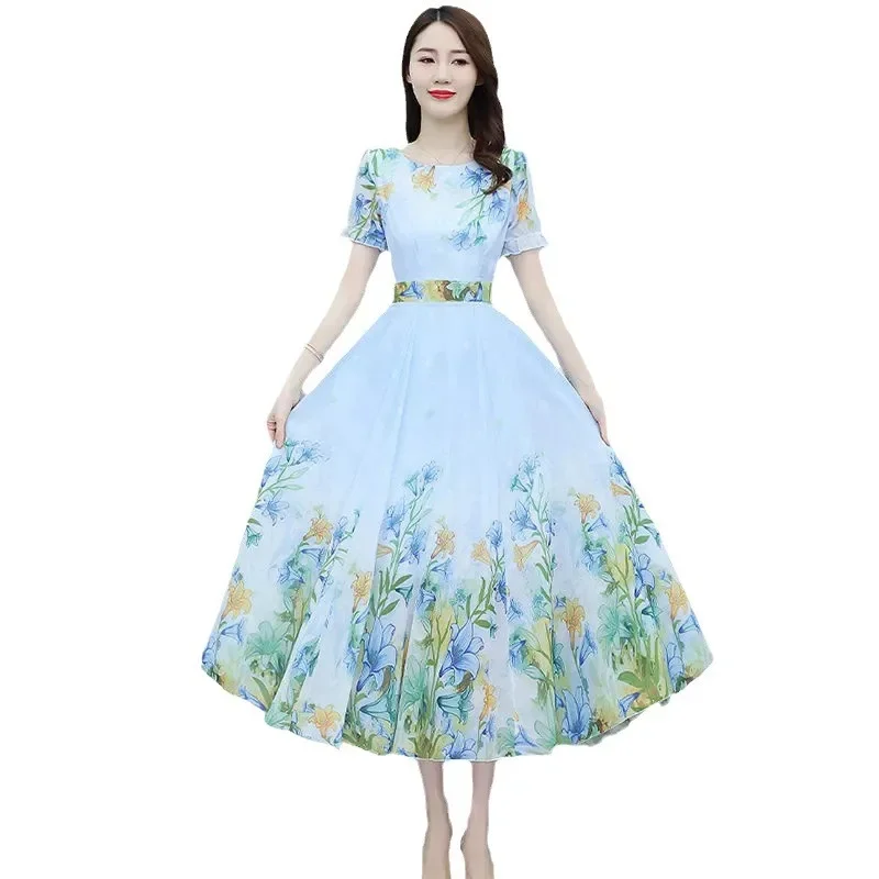 Abito estivo nuovo a maniche corte da donna dimagrante a vita alta girocollo in chiffon con stampa gonna lunga colletto polo abito con maniche da principessa 5