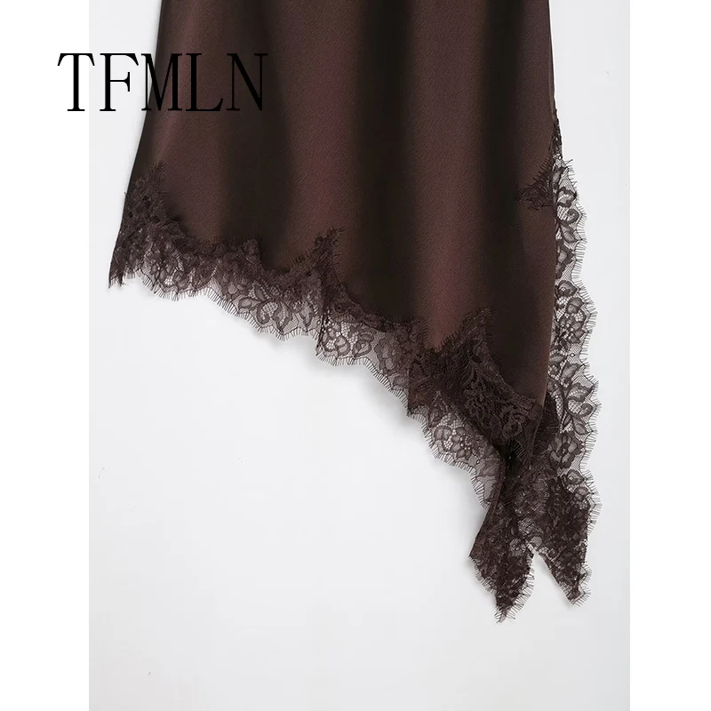 TFMLN Abiti da donna sexy con giunture in pizzo Abito estivo senza maniche asimmetrico solido Abito da donna sottile senza schienale con fionda 5