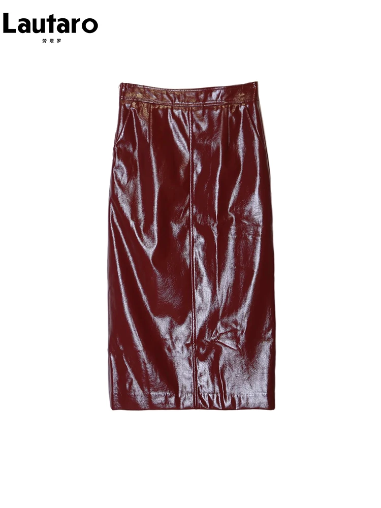 Lautaro Primavera Autunno Lucido Riflettente Vernice Pu Leather Midi Gonna a tubino Donna Vita alta Abiti lunghi firmati di lusso 2023 3