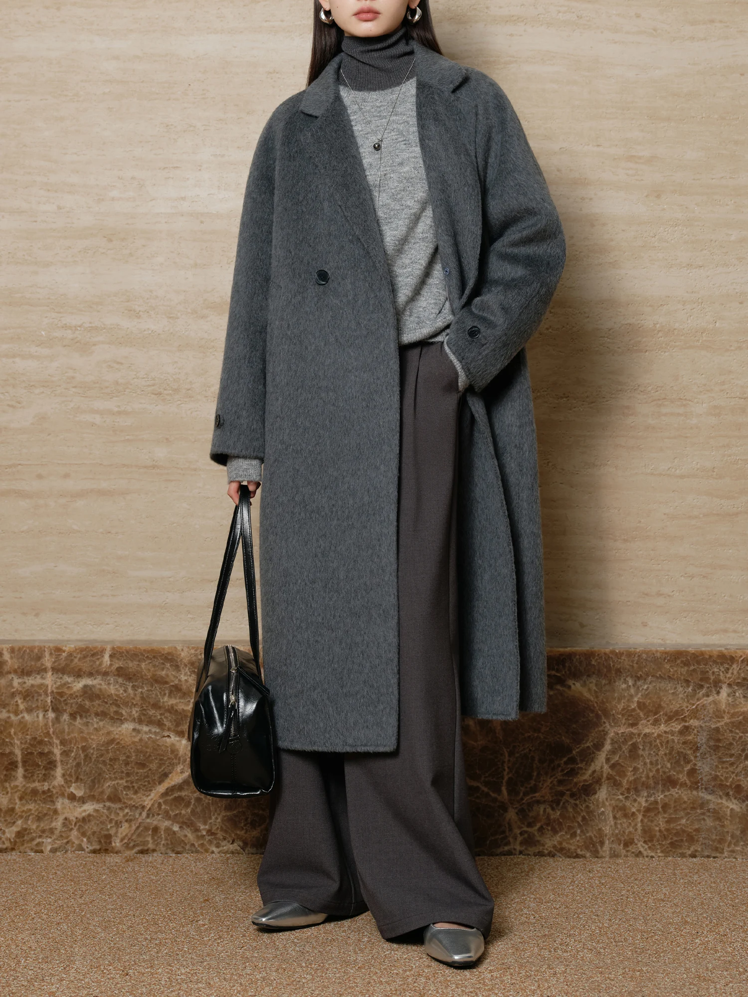 ZIQIAO 91.5% Lana Petite Size Cappotto in doppio cashmere per le donne 2024 Inverno Nuovo design Cappotto caldo chic in lana grigio cammello 24ZQ94128 1