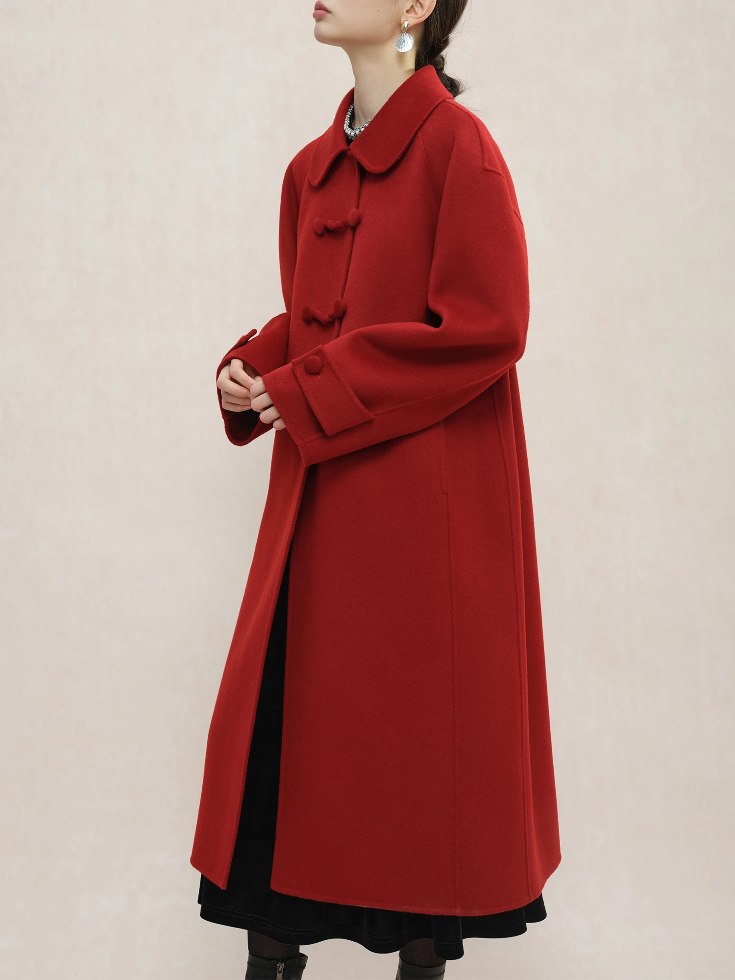ZIQIAO 100% Lana Nuovo Stile Cinese Lana Rosso Cappotto Elegante Per Le Donne 2024 Inverno Nuovo Design di Lana Lungo Caldo Petite Cappotto 24ZQ94115 3