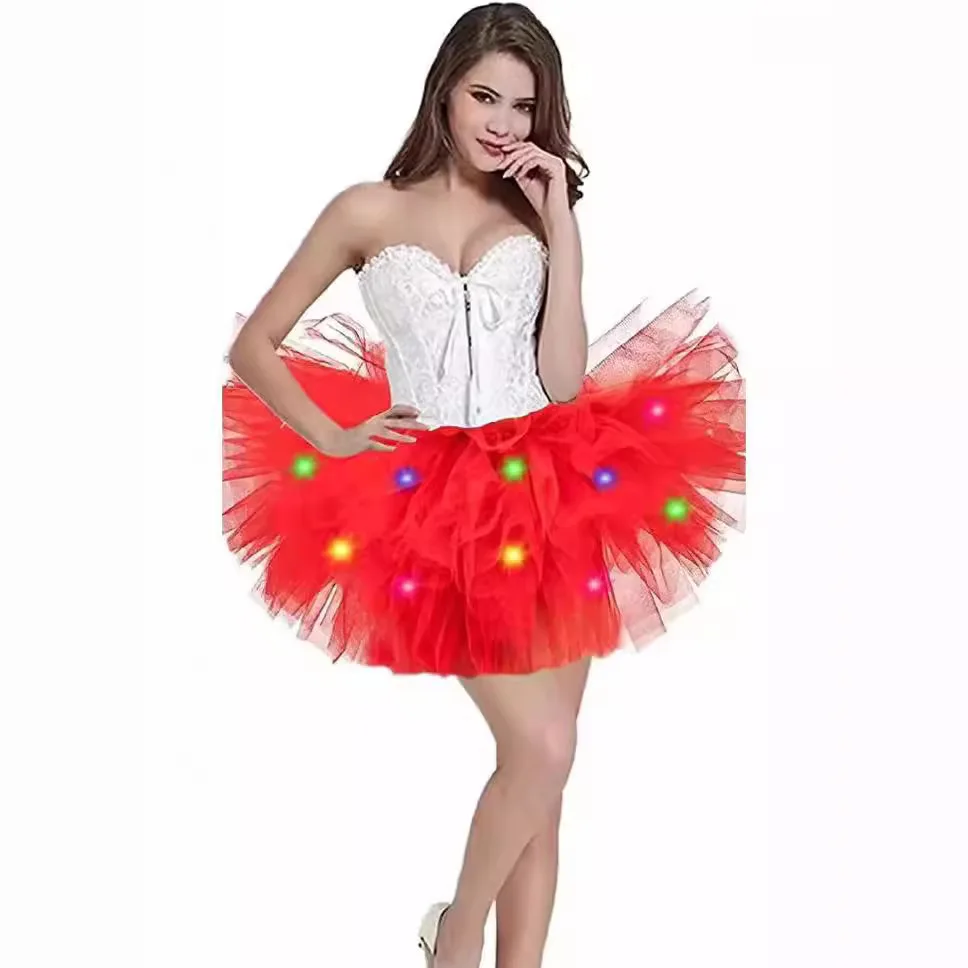 Gonna TUTU in rete a cinque strati per adulti con luci colorate a LED Gonna da spiaggia gonfia Tessuto in poliestere Street Style Rocker Ballerino sexy 3