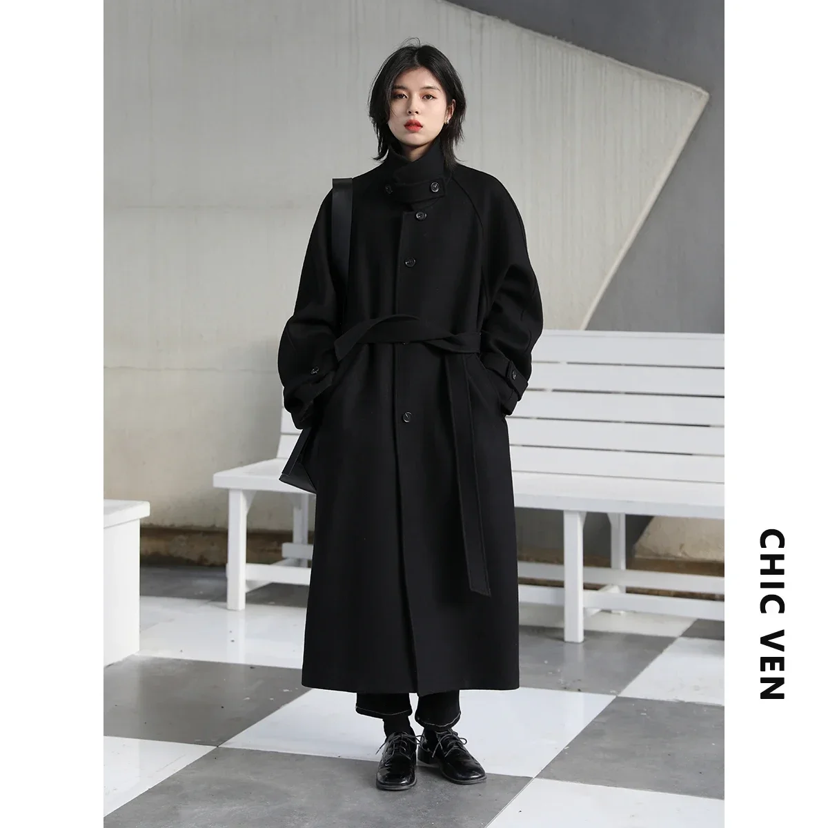 CHIC VEN Women Long Trencn Coat cintura in piedi cappotto di lana con lacci maniche Raglan cappotto lungo Office Lady autunno inverno 2023 6
