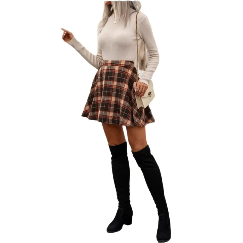 Minigonna a trapezio scozzese a vita alta da donna autunno inverno plus size gonna corta stile pendolare in fibra di poliestere dimagrante 5