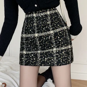 Moda Y2K Inverno Mini Gonne Donna Streetwear Aderente Plaid Gonna con paillettes A-line Kawaii Notte Gonna corta da festa Donna Nero Rosso 1