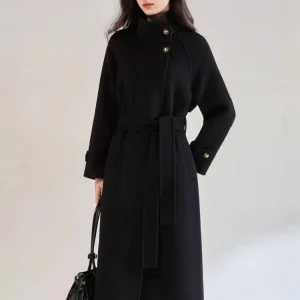 Office Lady Elegante Moda Giacche di lana 2025 Autunno e inverno Colletto alla coreana Con lacci Cappotti lunghi in lana 100% da donna allentati 1