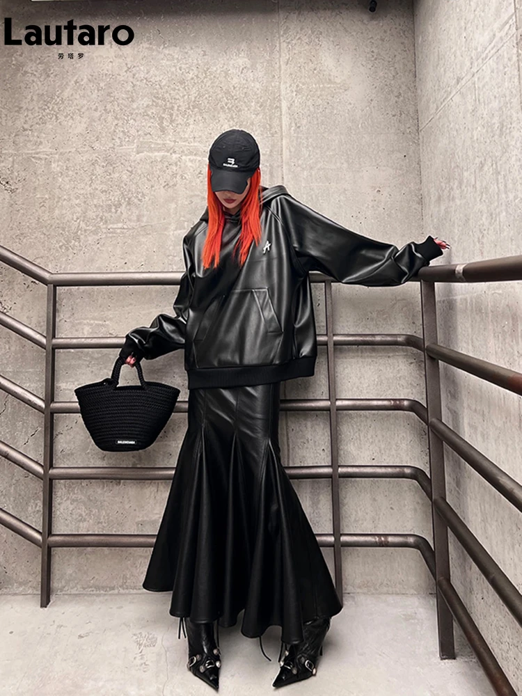 Lautaro primavera autunno Chic elegante nero morbido in pelle Pu Midi gonna a sirena donna vita alta lunghi vestiti firmati di lusso 2023 4