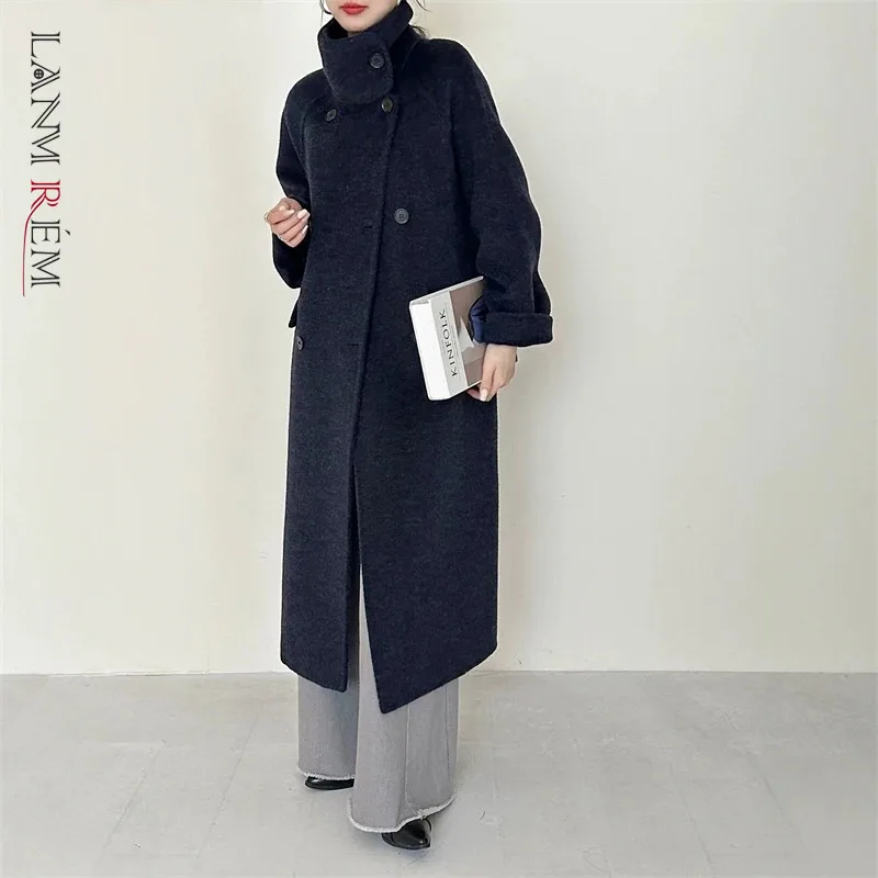 LANMREM Nuovo Colletto Alla Moda Blu Navy Cappotto di Lana Double-face da Donna Manica Raglan Doppio Petto Autunno Inverno Abbigliamento 2DB4773 1