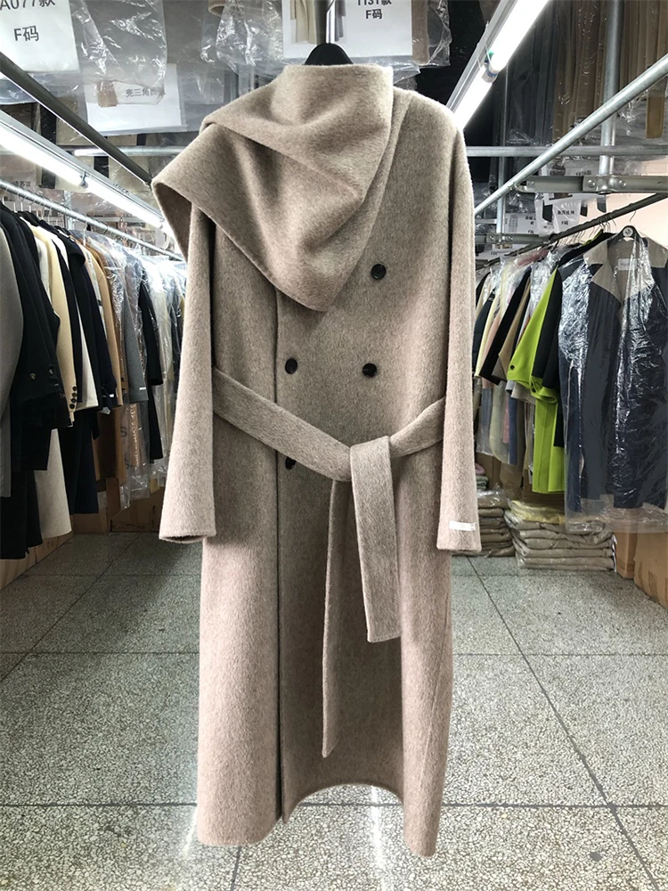 Elegante cappotto in lana doppio petto con colletto a sciarpa grande Giacca invernale in cashmere alla moda coreana allentata da donna 2