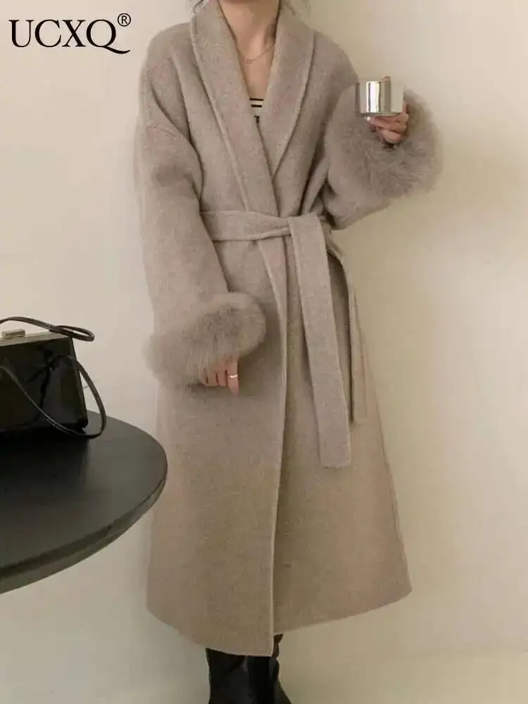 UCXQ Cappotto da donna elegante Stile europeo Marea Cintura All Match Pelliccia di volpe Patchwork Cappotto di lana a maniche lunghe 2025 Autunno Inverno 3C1723 1