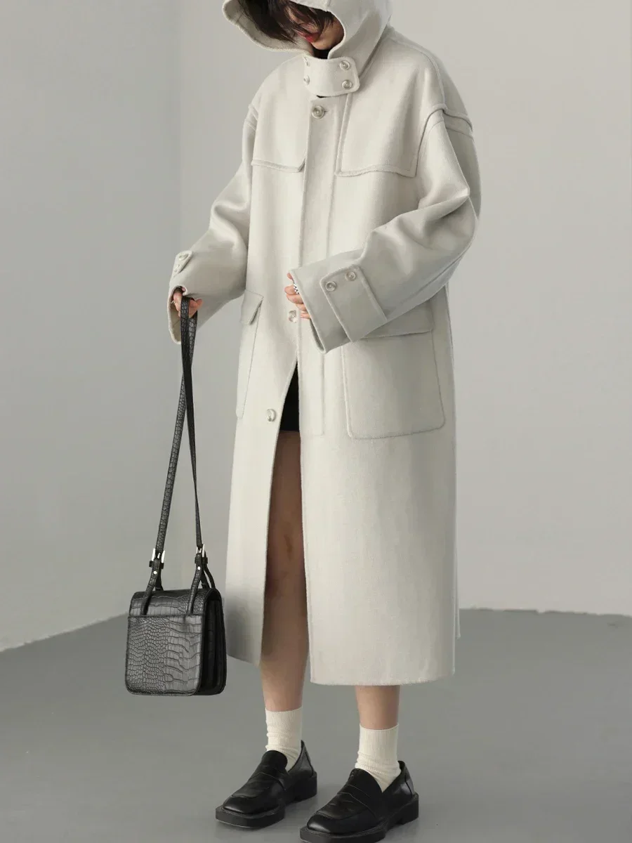 CHIC VEN Fashipn Cappotti Lunghi da Donna Monopetto Casual Allentato con Cappuccio Misto di Lana Cappotto Femminile Magliette E Camicette Autunno Inverno 2023 2