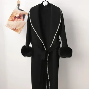 [EWQ] Elegante Chic Perline Impiombate Sciarpa Colletto Cardigan Cappotto in cashmere double face Maniche lunghe Soffice peloso Morbido Cappotto caldo 1