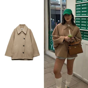 Donna Cappotto Casual Vintage Khaki Manica a pipistrello Risvolto Caldo Tweed Cappotto Autunno e Inverno Moda Sciolto Monopetto 1