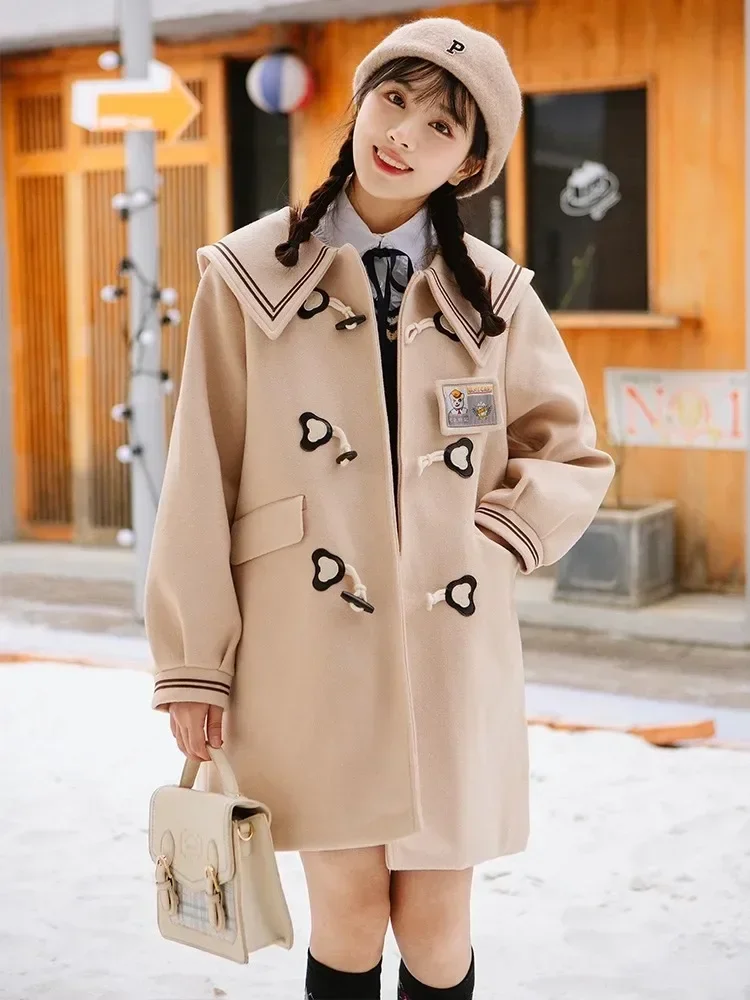 2026 inverno originale colletto blu scuro cappotto di lana donna JK stile preppy cappotto caldo spesso soprabito lungo cappotto Peacoat 5