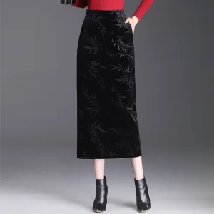 Gonna aderente midi con stampa in velluto Gonna a tubino con spacco elegante a vita alta 1