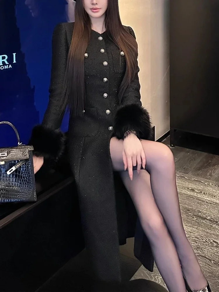 Elegante cappotto con collo in pelliccia ecologica inverno nuova moda Y2k nero addensato slim-fit ombrello in vita giacca lunga ispessita da donna 4