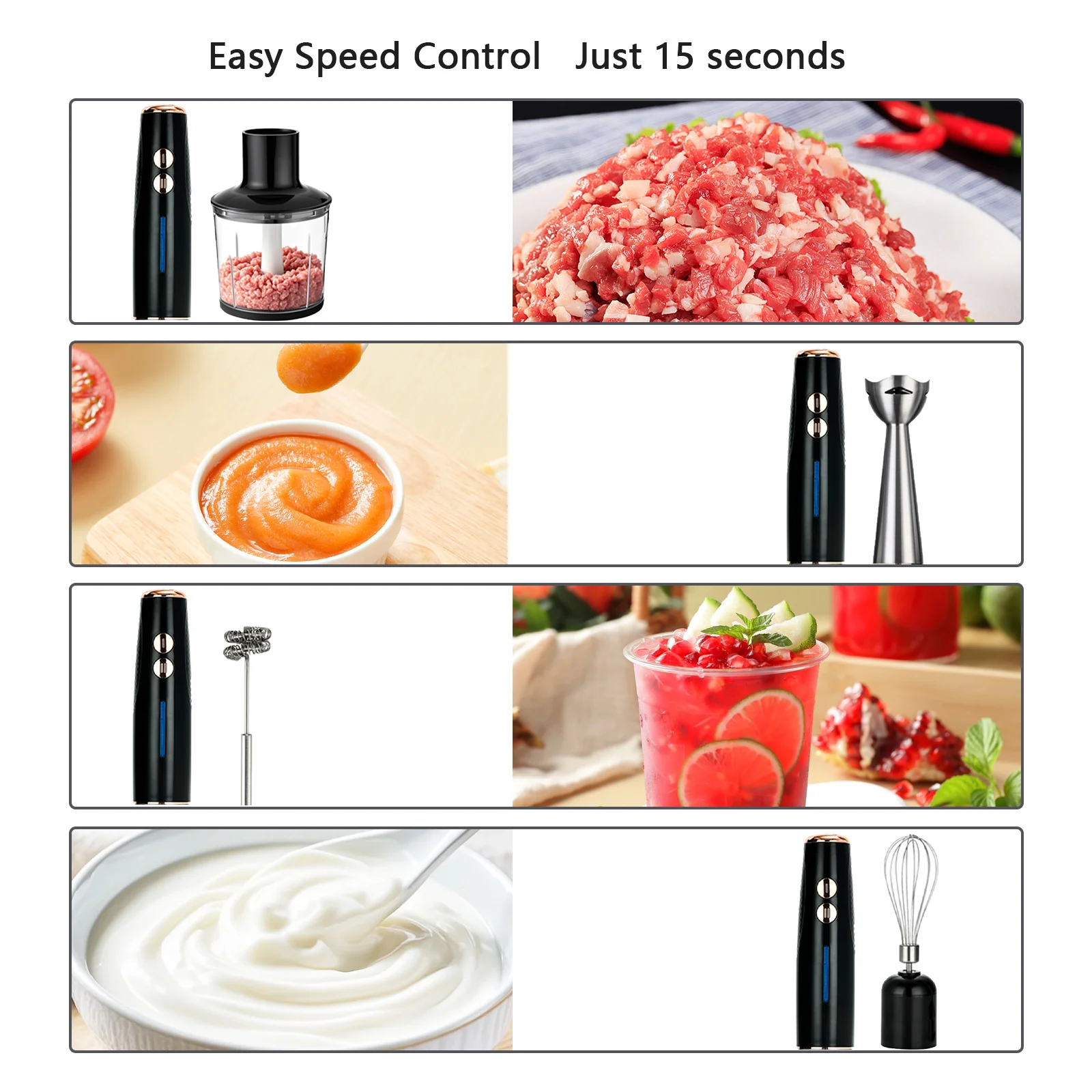 Frullatore manuale multifunzione 5 in 1 da 400 W, 16500 giri/min con frusta, tritatutto, montalatte e bicchiere senza BPA per zuppe, alimenti per bambini, frullato 2