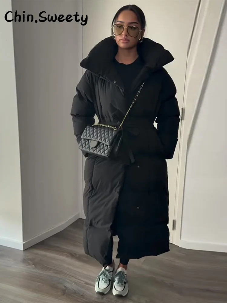 Cappotto lungo in cotone con cappuccio trapuntato imbottito da donna caldo Colletto alla coreana solido allentato Cappotti con cerniera con lacci 2025 Capispalla invernale da donna 4