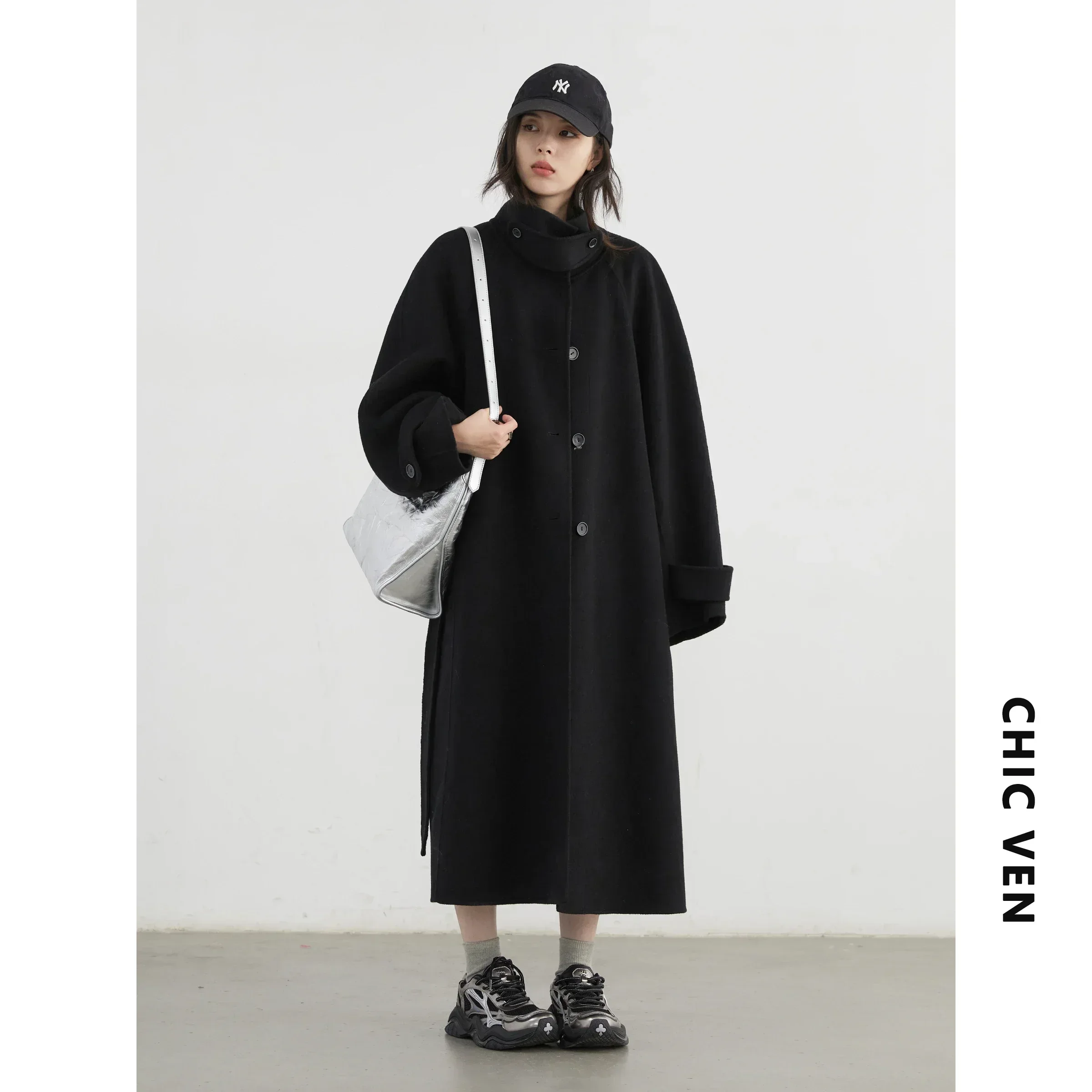 CHIC VEN Cappotto di lana da donna coreano monopetto allentato colletto alla coreana cintura lungo soprabito da donna double face autunno inverno 2024 5