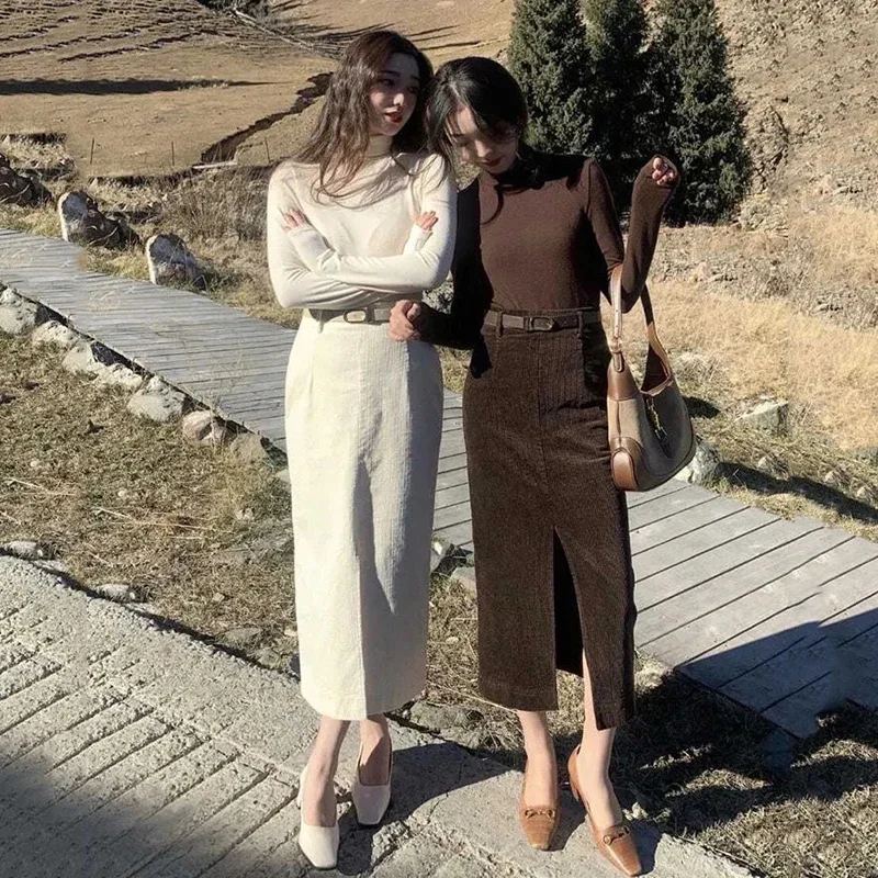 Gonne vintage in velluto a coste marrone Donna Autunno Inverno Elegante con cintura Gonna a tubino divisa Gonna longuette sottile a vita alta moda femminile 1