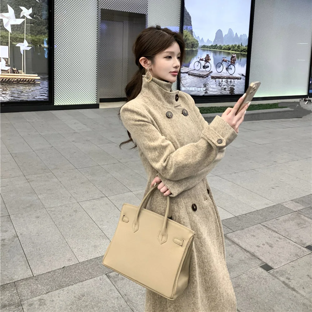 FZCSPEED Trench lungo da donna Colletto rialzato Cappotto in lana Cappotto doppiopetto alla moda per pendolari in vita Cachi 1