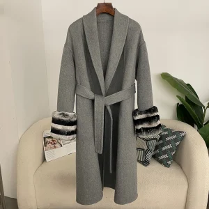Elegante cappotto di lana Giacca da donna in misto lana primaverile Cappotto di lana oversize Autunno Donna Cappotto con polsini in vera pelliccia di coniglio Rex Donna 1