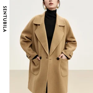 SENTUBILA Texture 100% Cappotto di lana Giacche per le donne 2025 Moda invernale Solid Grandi tasche Cappotti caldi di media lunghezza W44O56016 1