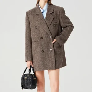 Cappotto di lana con colletto blazer allentato caffè da donna, giacca elegante doppiopetto 2025 autunno inverno 1