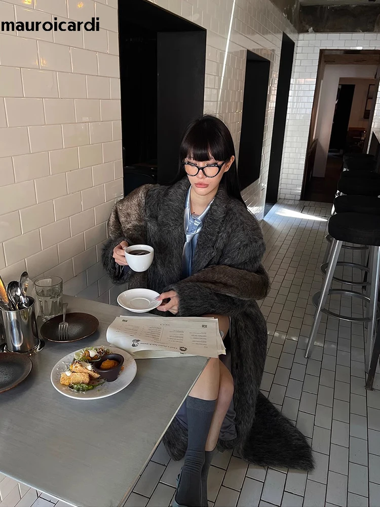 Mauroicardi Autunno Inverno Oversize Extra Lungo Caldo Spessore Grigio Lana e Misto Cappotto Donna Allentato Casual Soffici Moda Coreana 2024 4