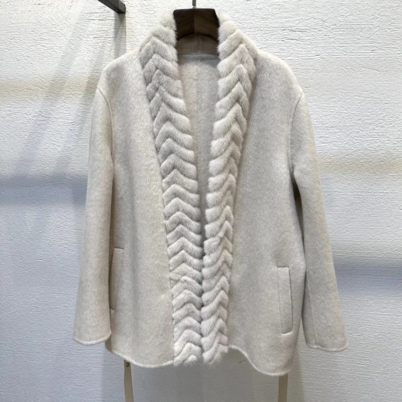 Cappotto di lana di Cashmere moda donna di media lunghezza giacche di pelliccia di visone di lusso da donna 2023 autunno inverno 3