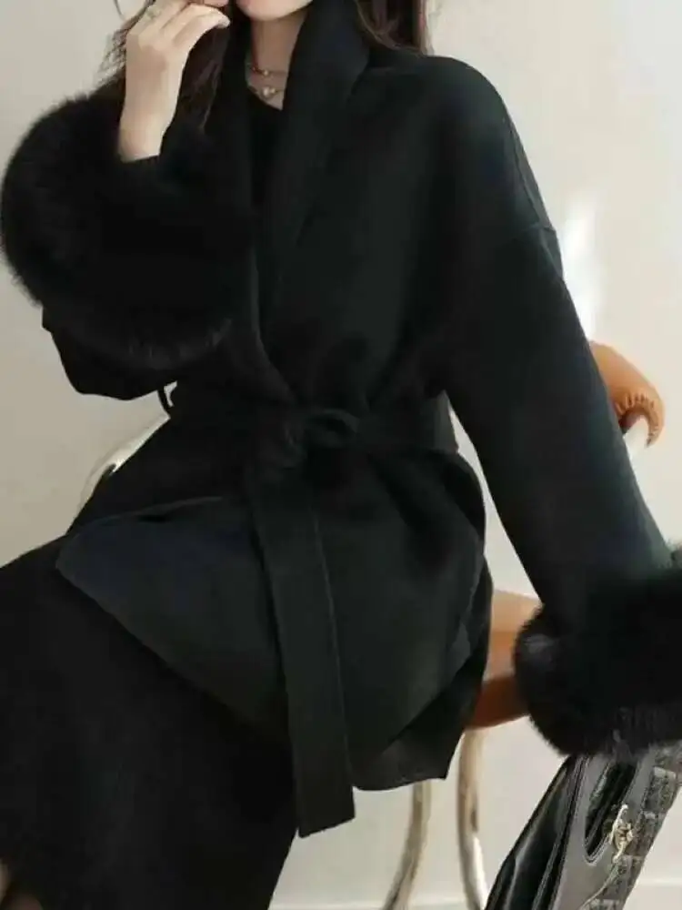 UCXQ Cappotto da donna elegante Stile europeo Marea Cintura All Match Pelliccia di volpe Patchwork Cappotto di lana a maniche lunghe 2025 Autunno Inverno 3C1723 4