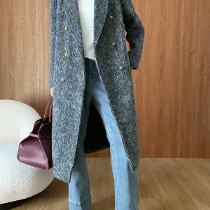 GkyocQ moda coreana elegante cappotto donna Mohair morbido collo alto manica lunga doppio petto peloso femminile cappotti lunghi 1