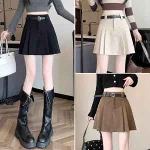 Minigonna a trapezio in velluto a coste caramello Gonna corta slim fit a vita alta autunno inverno da donna Gonna a metà corpo pieghettata in fibra di poliestere 1