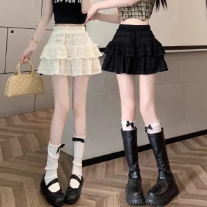 Minigonna gonfia nera stile torta Mezza lunghezza Donna 2025 Nuova estate Vita alta Petite francese Doppio strato Poliestere 3D Effet... 1