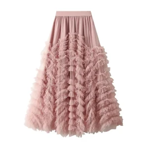 Maxi gonna in Tulle A strati alla moda per le donne 2024 New Elegant High Street A Line gonna lunga in rete A vita alta femminile rosa 1