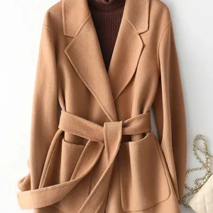 UCXQ Elegante cappotto di lana double face per donna Tinta unita Tasca con risvolto Capispalla con lacci 2025 Inverno Nuova marea 23Z3499 1