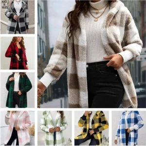 Cardigan scozzese doppio pile autunno inverno da donna morbido sciolto manica lunga peluche caldo giacca con cappuccio cappotto capispalla patchwork femminile 1